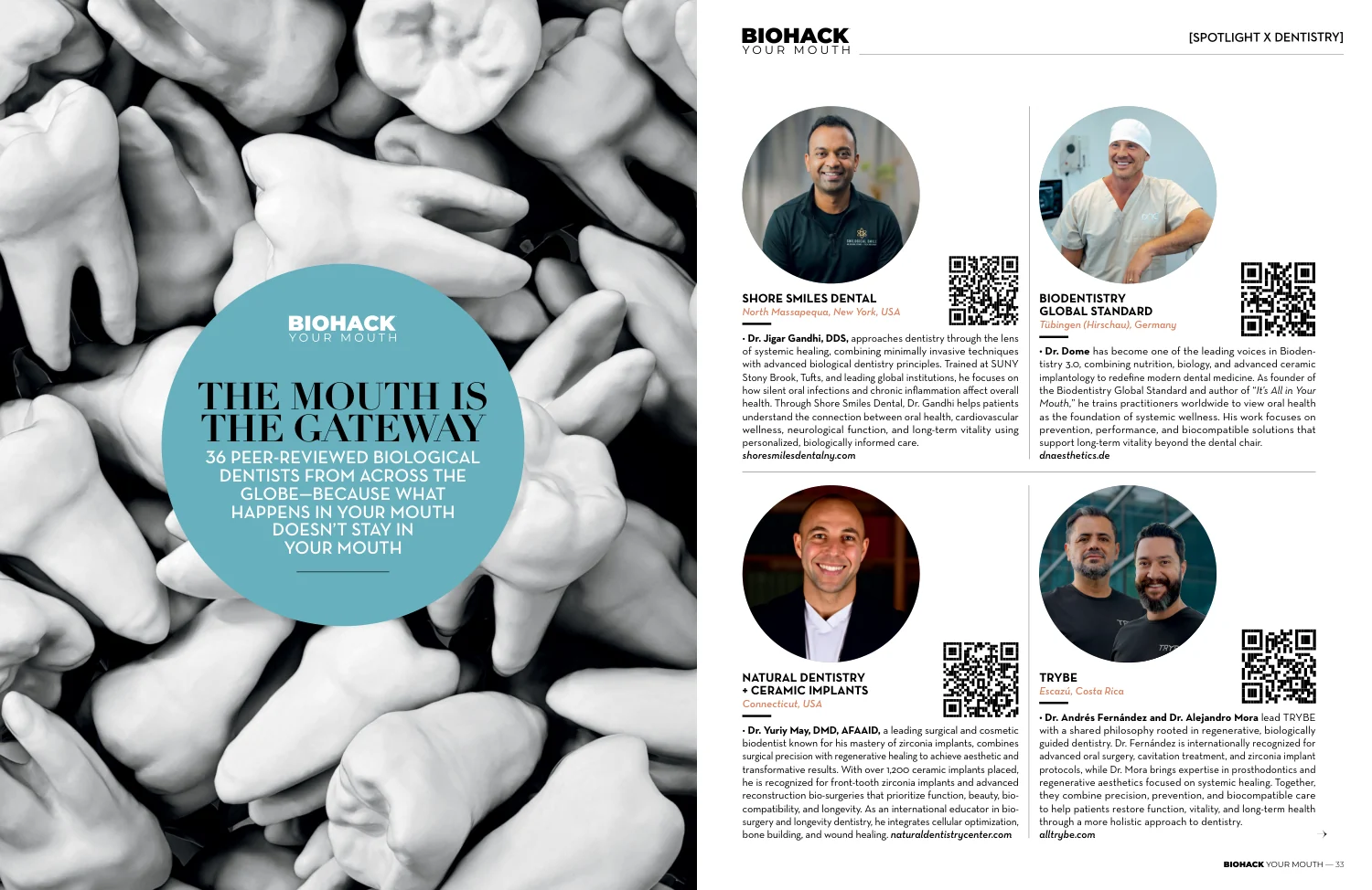 A Spotlight x Dentistry spread showing clinics in Costa Rica and Spain