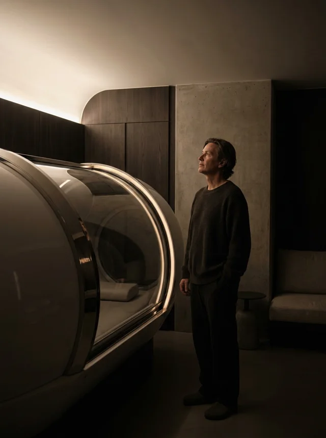 A patient gazing at an unfamiliar hyperbaric chamber, unsure what it does