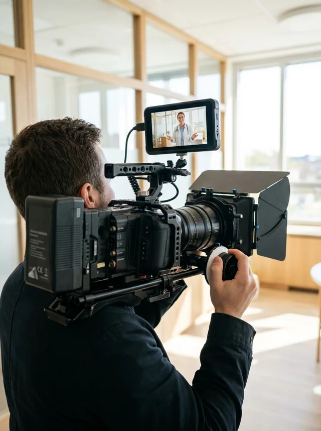 A journalist filming a doctor on a phone gimbal