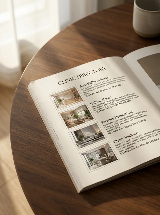 The printed clinic directory, open on a table