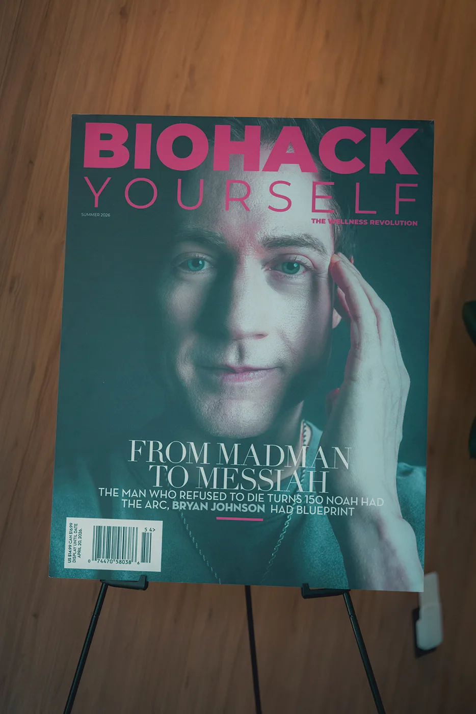 The Biohack Yourself cover displayed on an easel at an event